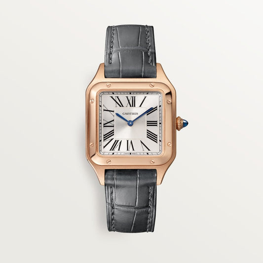 Santos-Dumont Small 38mm x 27.5mm Rose Gold Blue Crown Silver Sunray Dial Gray Alligator Leather Strap Quartz Watch