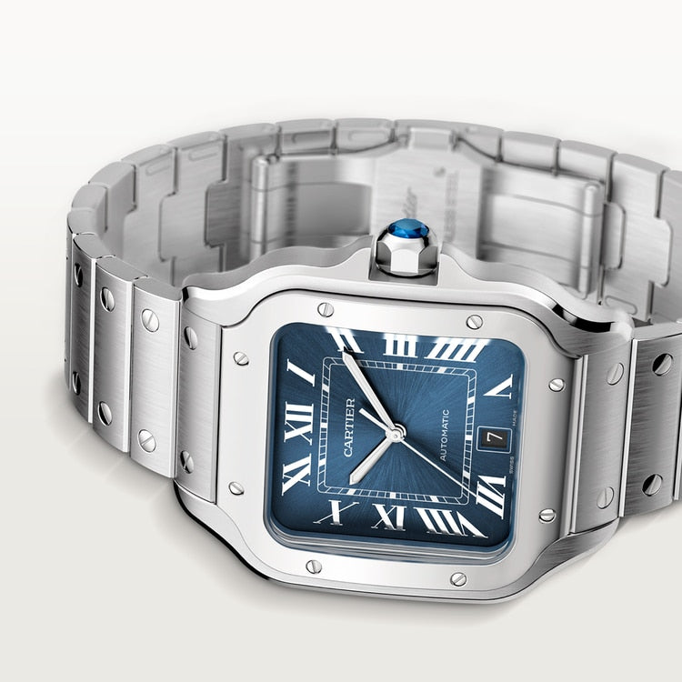 Santos Large 39.8mm Steel Blue Crown Graduated Blue Dial Steel Bracelet Automatic Watch
