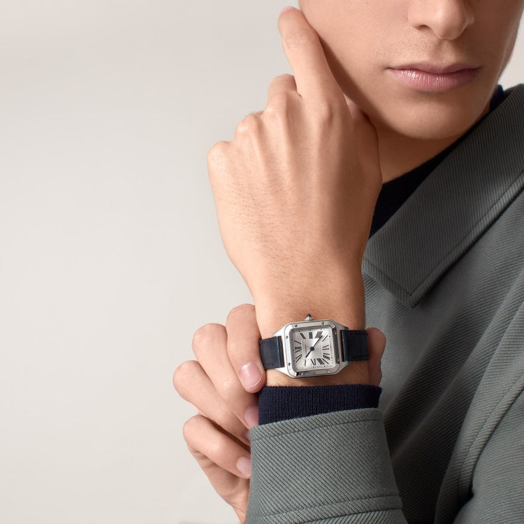 Santos-Dumont Small 38mm x 27.5mm Steel Blue Crown Silver Sunray Dial Navy Blue Alligator Strap Quartz Watch