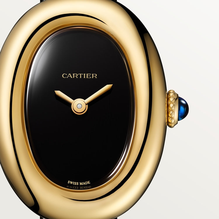 Baignoire Mini 18K Yellow Gold Black Lacquered Dial Leather Strap Watch
