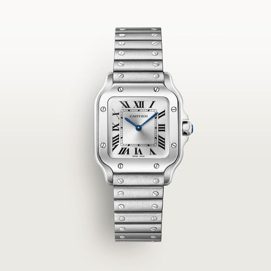 Santos de Cartier Small 34.5mm x 27mm Steel Blue Crown Silver Sunray Dial Steel Bracelet Quartz Watch