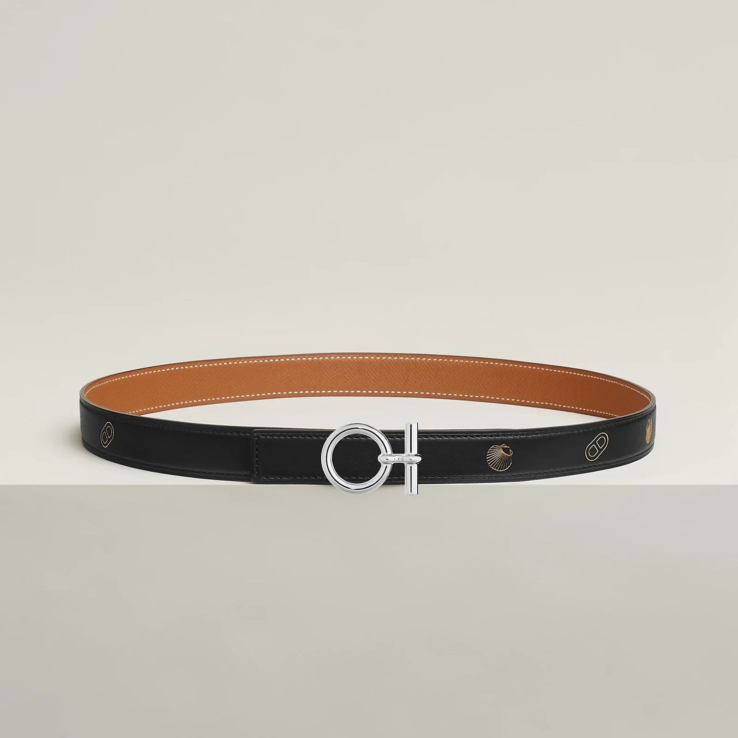 NOIR / GOLD -HAVANE / MAUVE PÂLE  FLOT BELT BUCKLE & REVERSIBLE LEATHER STRAP 24 MM