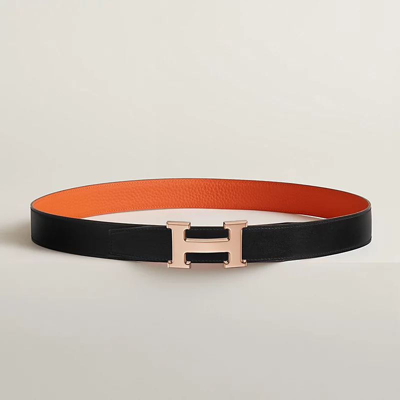 Noir / Gold - Bleu Marine / Écorce H Belt Buckle & Reversible Leather Strap 32 Mm