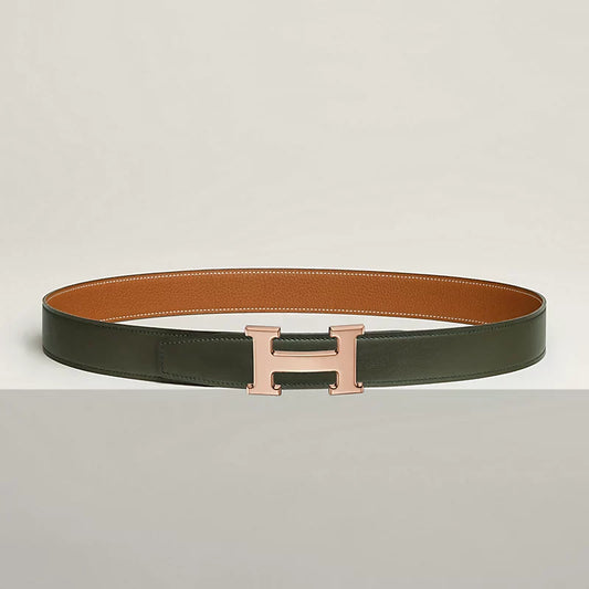 VERT-DE-GRIS / GOLD - NOIR / ÉBÈNE  H BELT BUCKLE & REVERSIBLE LEATHER STRAP 32 MM
