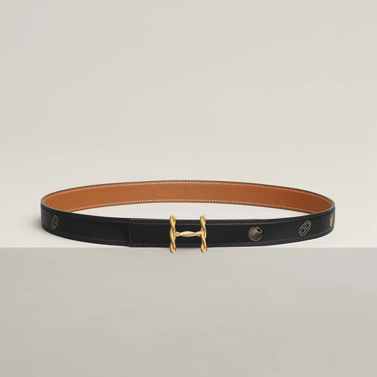 NOIR / GOLD- HAVANE / MAUVE PÂLE  H TORSADE BELT BUCKLE & REVERSIBLE LEATHER STRAP 24 MM