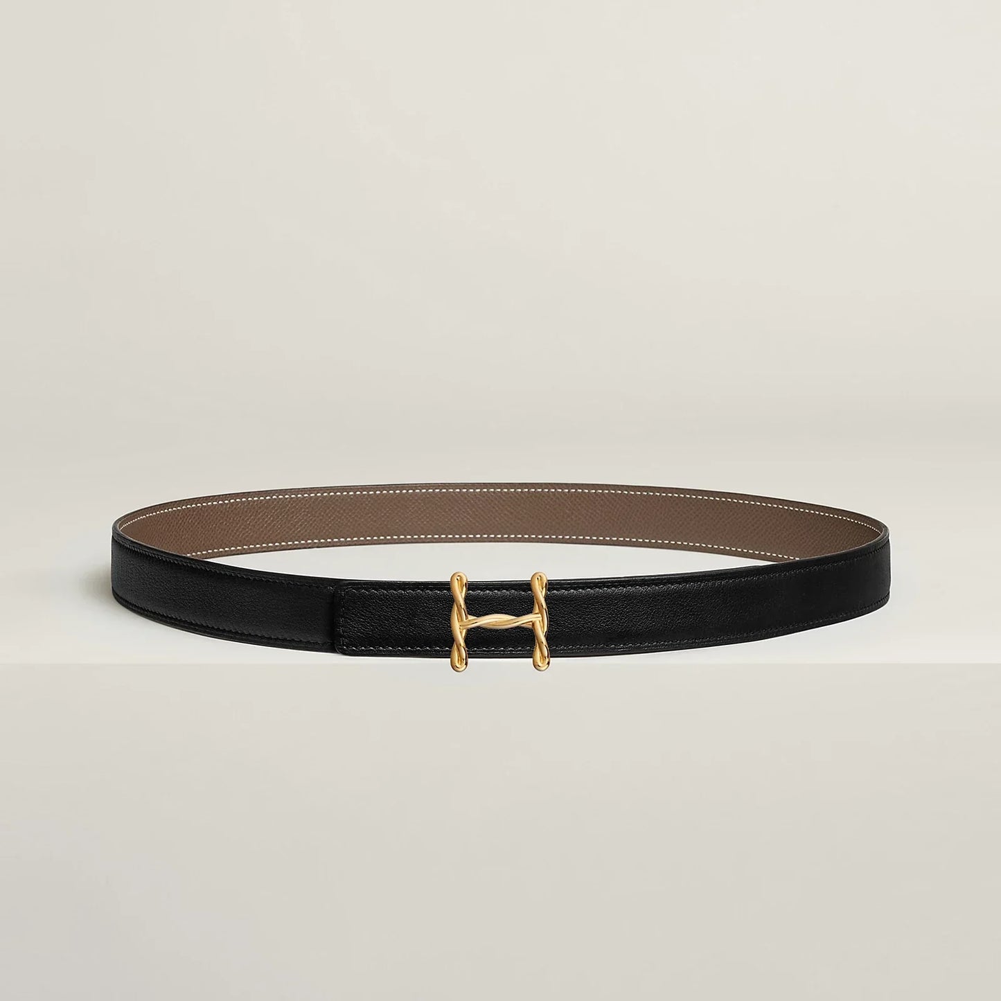 NOIR / GOLD- HAVANE / MAUVE PÂLE  H TORSADE BELT BUCKLE & REVERSIBLE LEATHER STRAP 24 MM