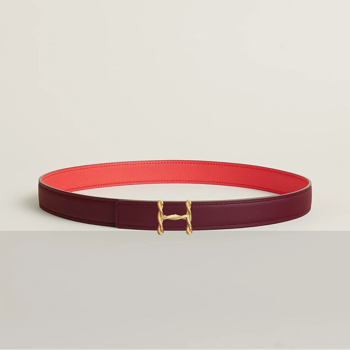 NOIR / GOLD- HAVANE / MAUVE PÂLE  H TORSADE BELT BUCKLE & REVERSIBLE LEATHER STRAP 24 MM