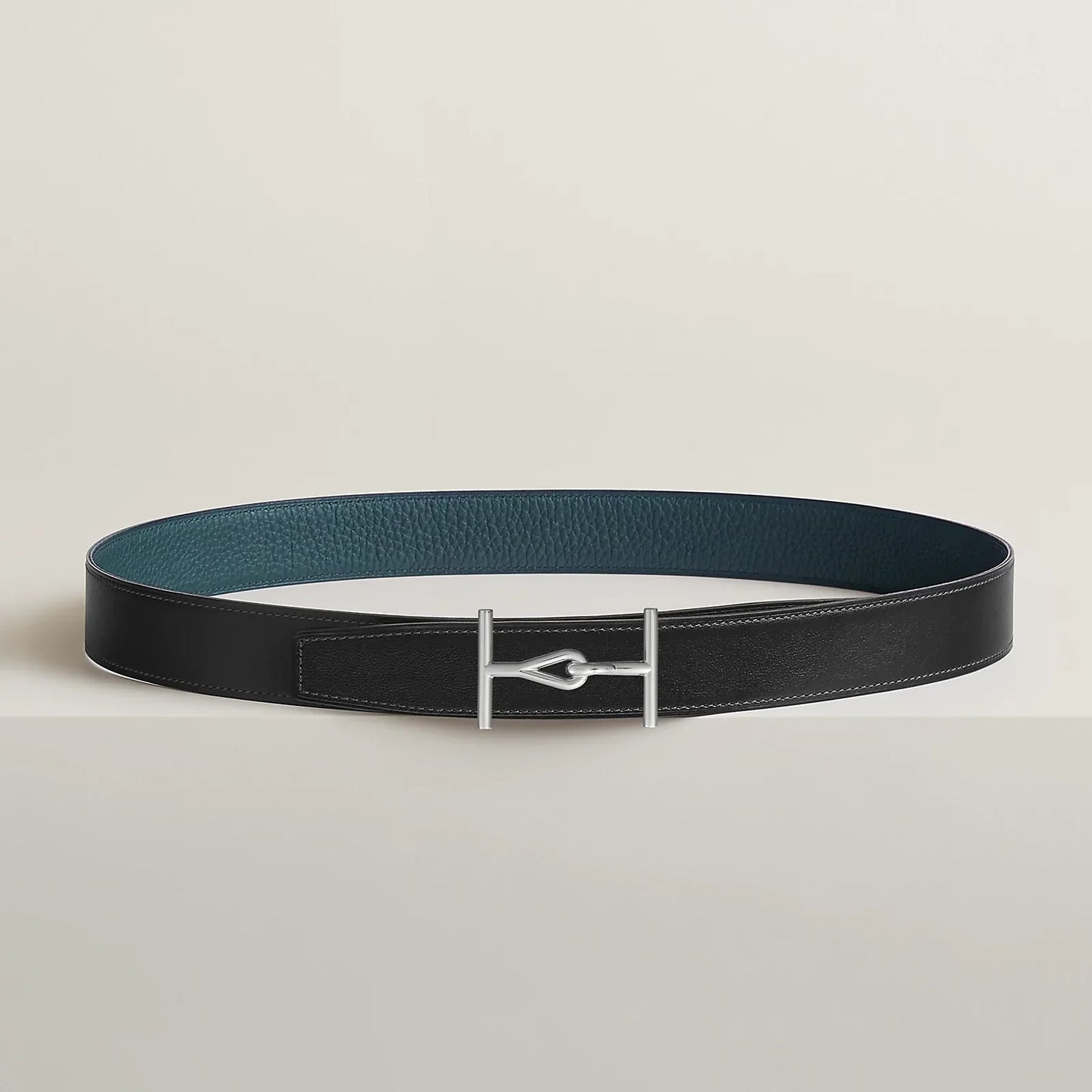 NOIR / GOLD-BLEU MARINE / ÉCORCE  JUMBO BELT BUCKLE & REVERSIBLE LEATHER STRAP 32 MM