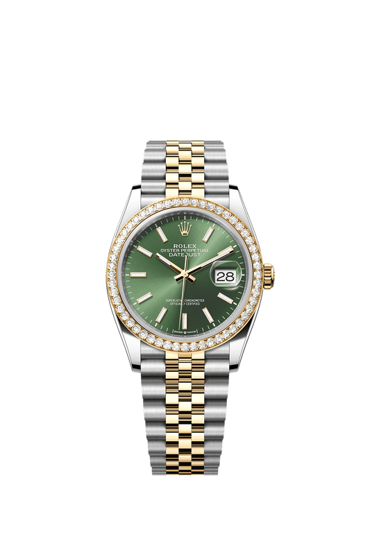 Datejust 36 Oystersteel Yellow Gold Olive Green Diamond Dial Diamond Bezel Jubilee Bracelet 36mm Self-Winding Watch