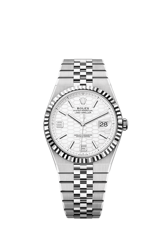 Land-Dweller 40 40mm Oystersteel White Gold Intense White Honeycomb Dial Fluted Bezel Flat Jubilee Bracelet Perpetual Mechanical Watch