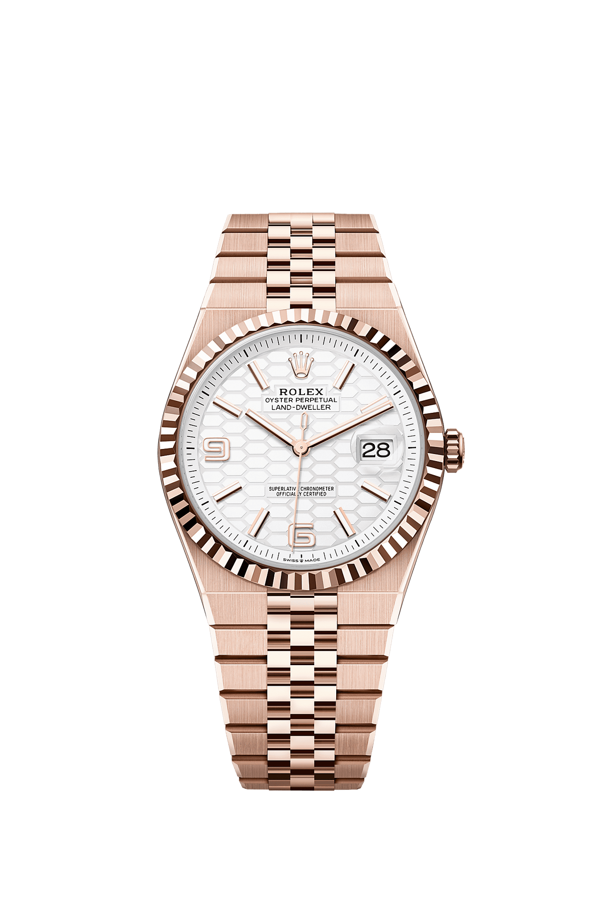 Land-Dweller 40 Oyster Chronometer Watch 40mm 18ct Everose Gold Intense White Honeycomb Dial Flat Jubilee Bracelet