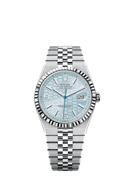 Land-Dweller 40 40mm Platinum Ice Blue Honeycomb Dial Fluted Bezel Flat Jubilee Bracelet Self-Winding Watch