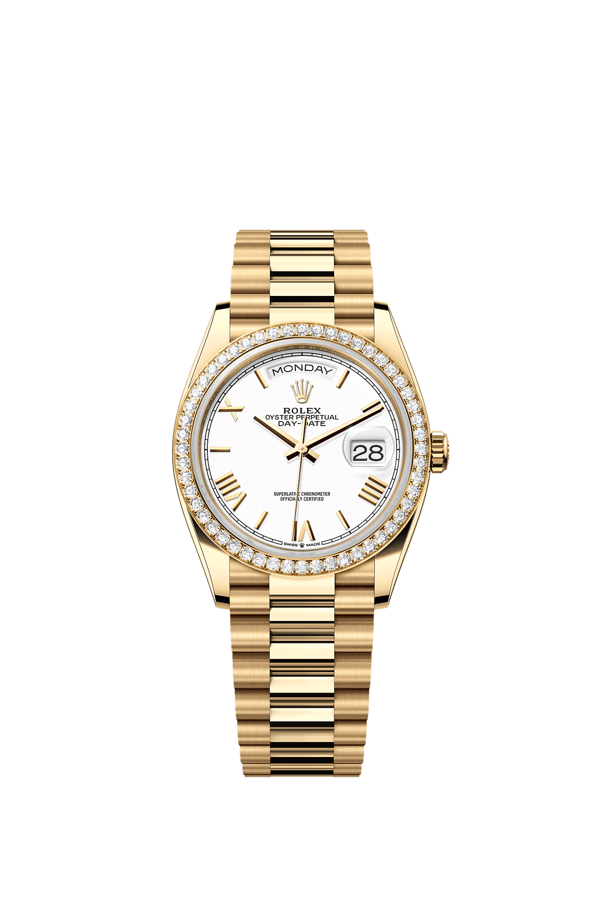 Day-Date 36 Oyster Perpetual Chronometer Watch 36mm 18ct Yellow Gold White Dial Diamond Bezel President Bracelet