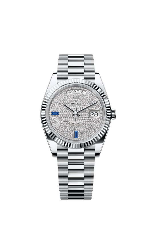 Day-Date 40 40mm 950 Platinum Diamond Sapphire Paved Dial Fluted Bezel President Bracelet Self-Winding Watch