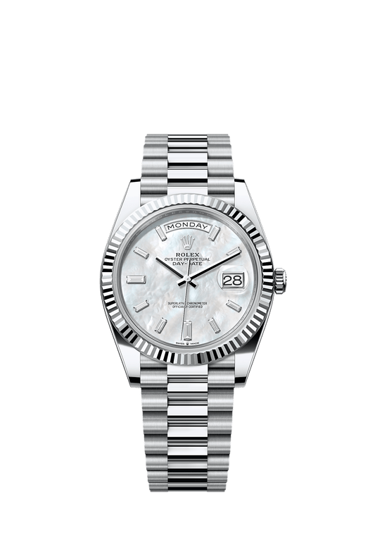 Day-Date 40 40mm 950 Platinum White Mother-Of-Pearl Diamond Dial Fluted Bezel President Bracelet Self-Winding Watch