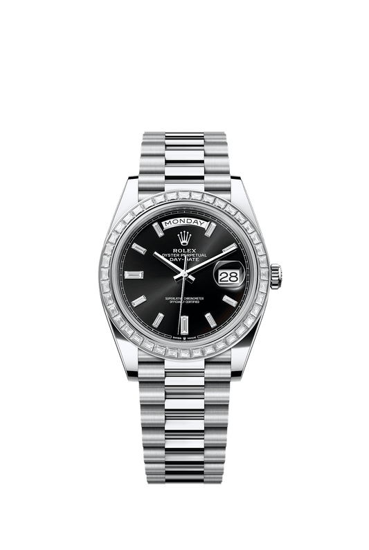 Day-Date 40 40mm 950 Platinum Bright Black Diamond Dial Diamond Bezel President Bracelet Self-Winding Watch