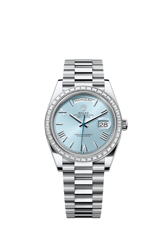 Day-Date 40 40mm 950 Platinum Ice-Blue Diamond Dial Diamond Bezel President Bracelet Self-Winding Watch