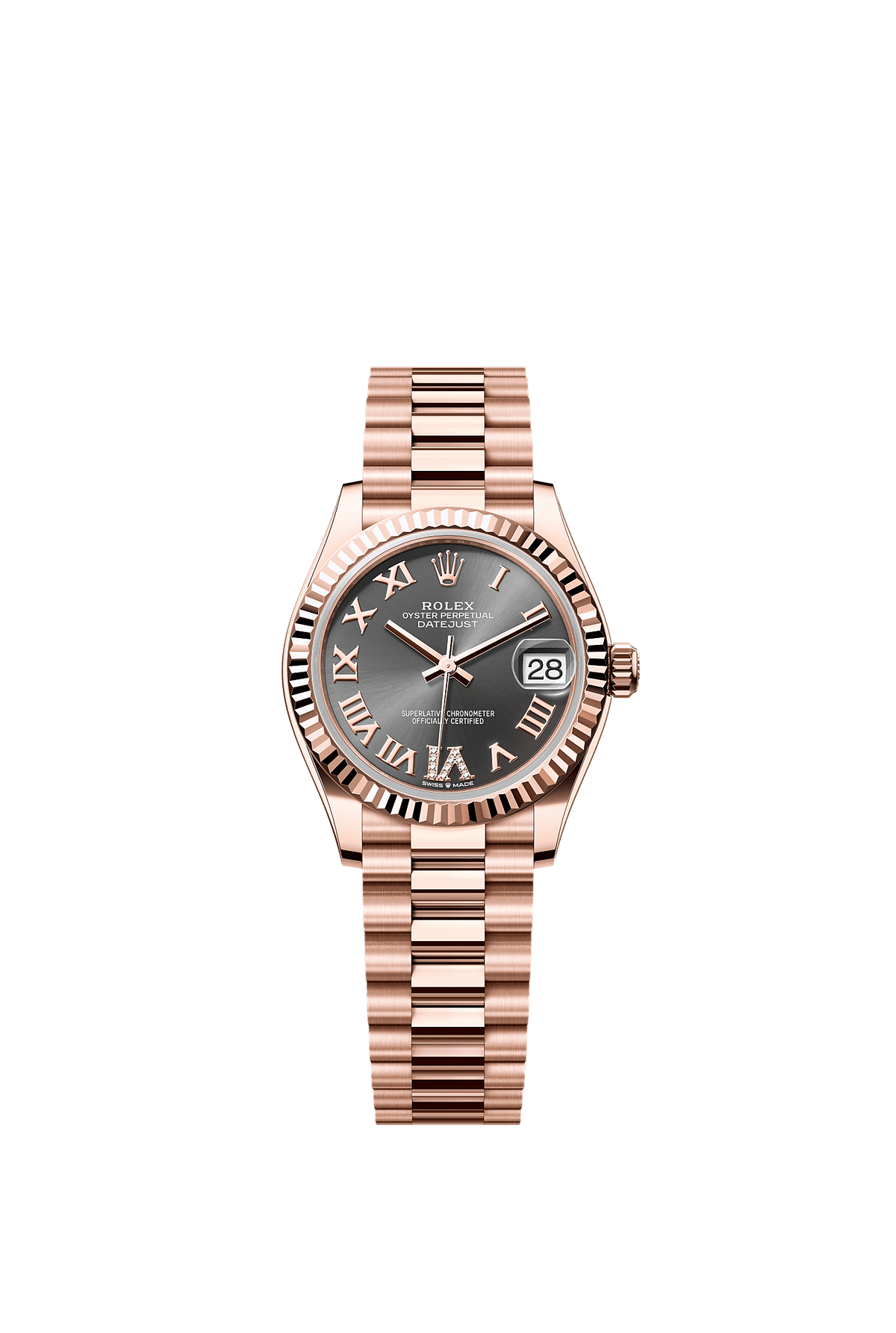 Datejust 31 Oyster Chronometer Watch 31mm 18ct Everose Gold Slate Diamond Dial President Bracelet