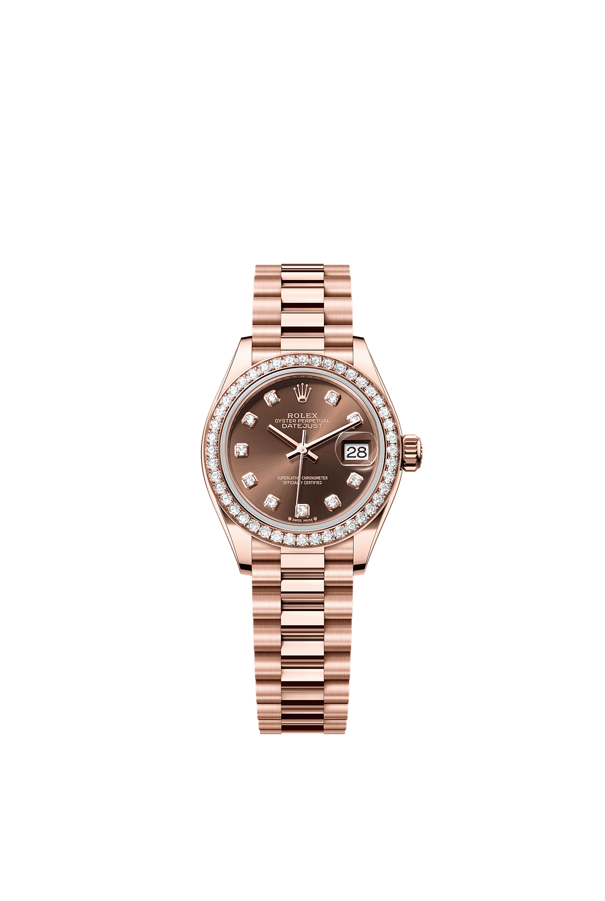 Lady-Datejust Oyster Chronometer Watch 28mm 18ct Everose Gold Chocolate Diamond Dial President Bracelet