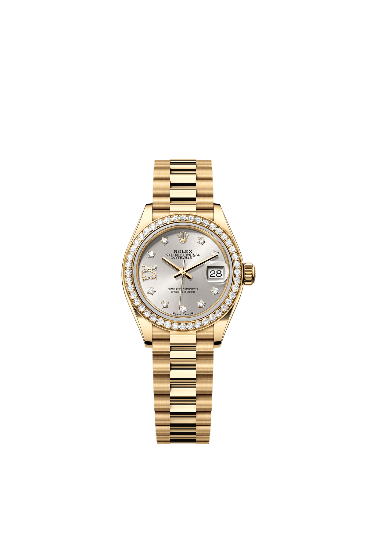 Lady-Datejust Oyster Chronometer Watch 28mm 18ct Yellow Gold Silver Diamond Dial President Bracelet