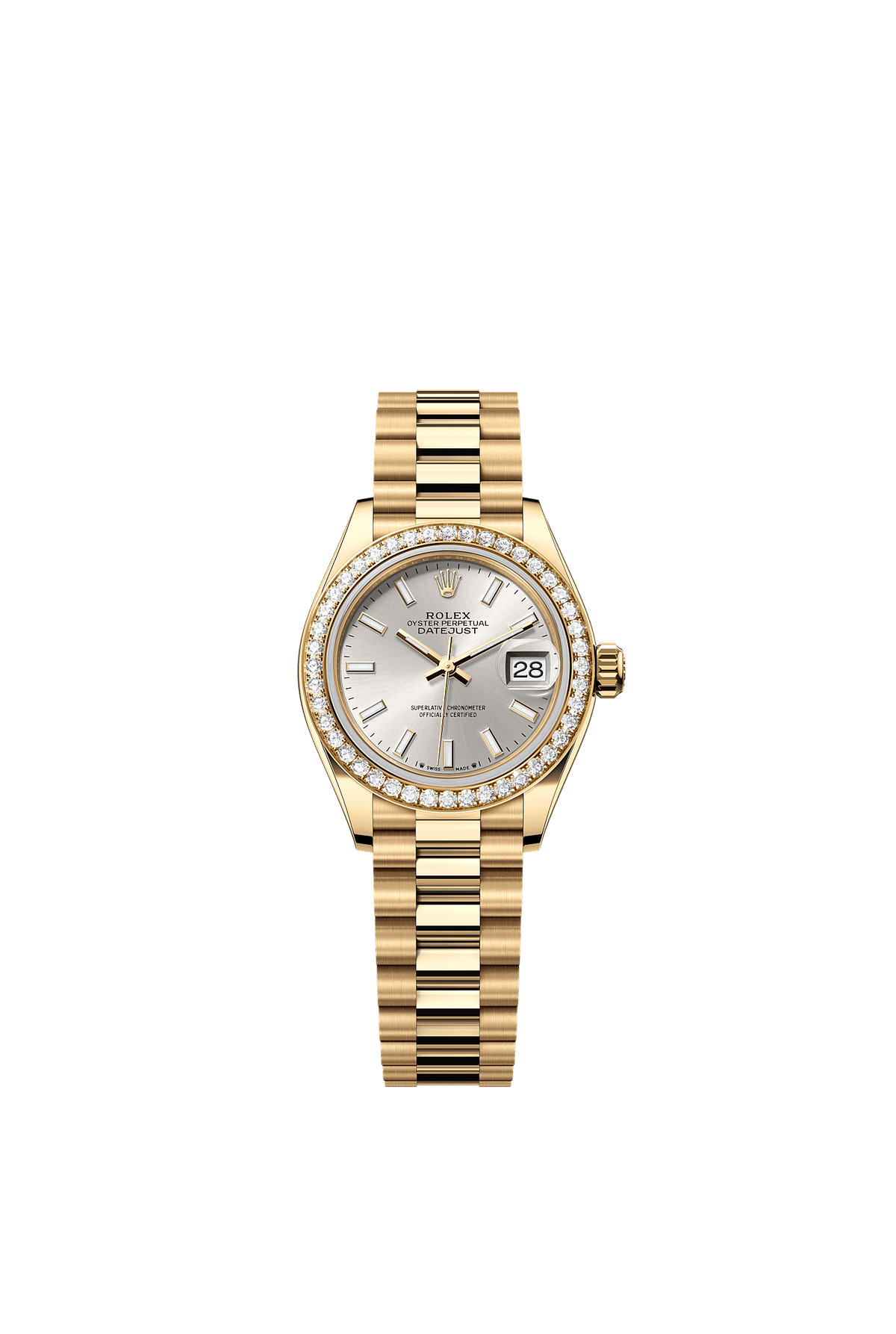 Lady-Datejust Oyster Chronometer Watch 28mm 18ct Yellow Gold Silver Diamond Dial President Bracelet